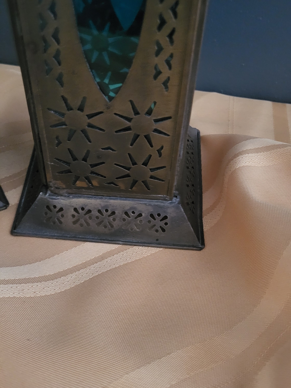 Decorative Brass Lanterns with Teal Glass Panels - Set of 2 - Picture 4 of 4